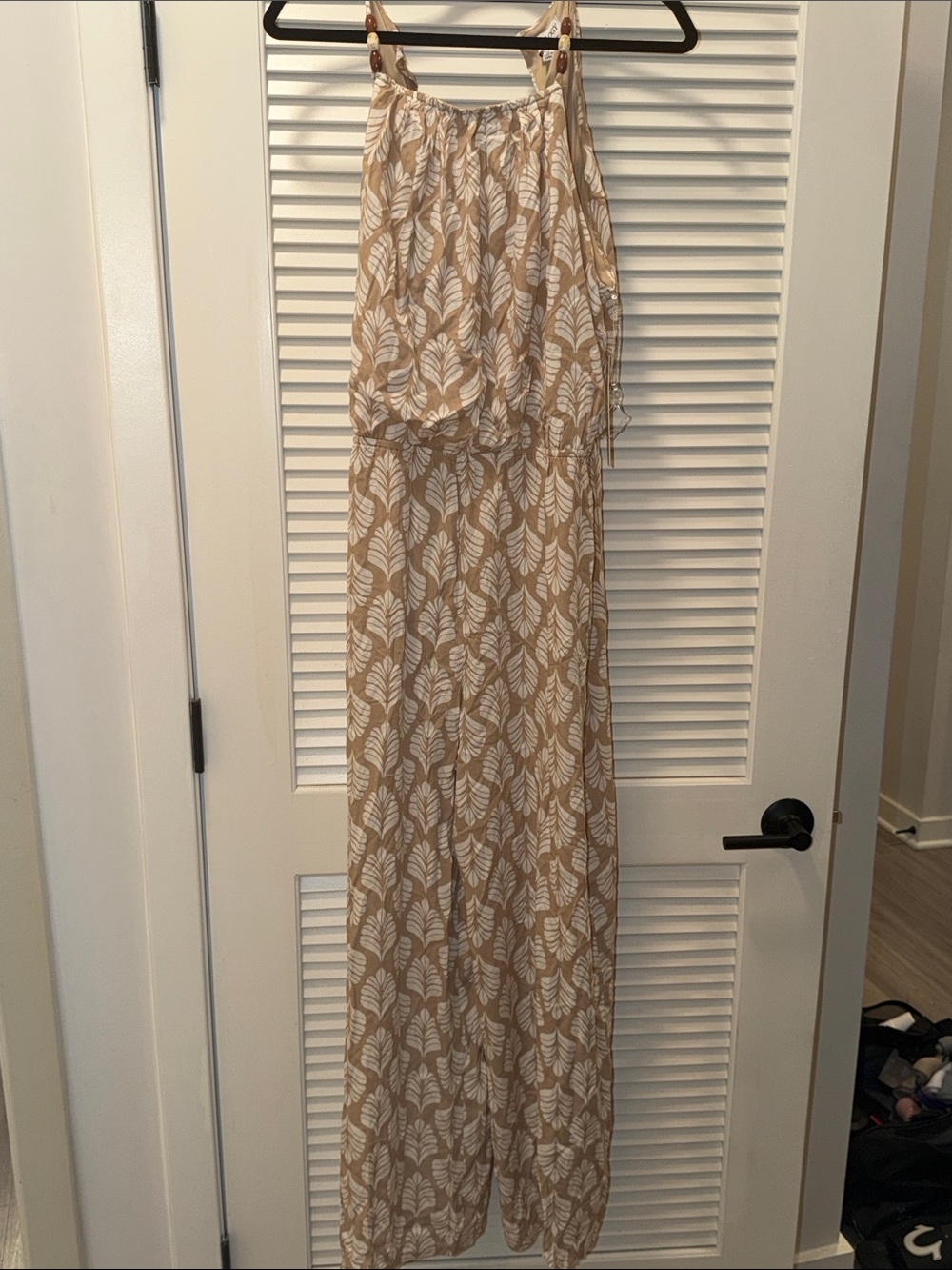 Women's Beige and White Leaf Print Jumpsuit